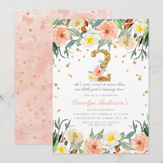 Elégante Floral Girls 2nd Birthday Invitations (Devant / Derrière)