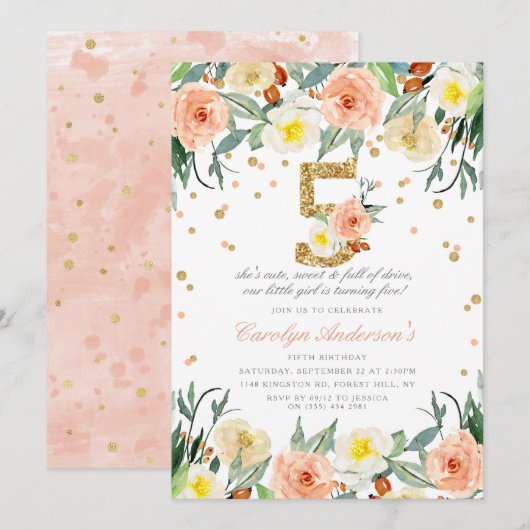 Elégante Floral Girls 5e Anniversaire Invitations (Devant / Derrière)