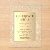 Elegante Floral Gold bruiloft receptie Acryl Uitnodigingen (Voorkant)
