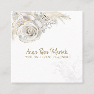 *~* Elegante Floral Gold Glitter White Rose Flower Vierkante Visitekaartje
