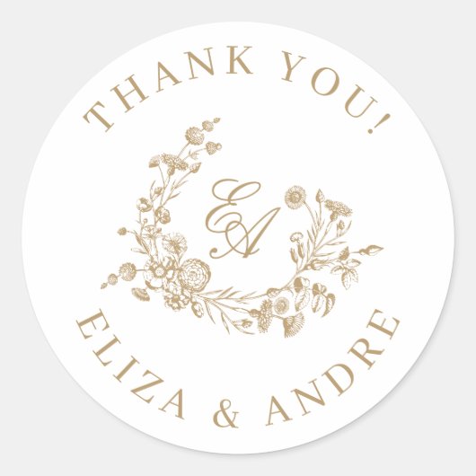 Elegante Floral Gold Monogram bruiloft Dank u Ronde Sticker (Voorkant)