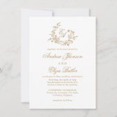 Elegante Floral Gold Monogram bruiloft uitnodiging (Voorkant)