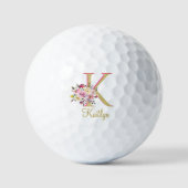 Elegante Floral Goud Roze Custom Monogram Naam Golfballen (Voorkant)