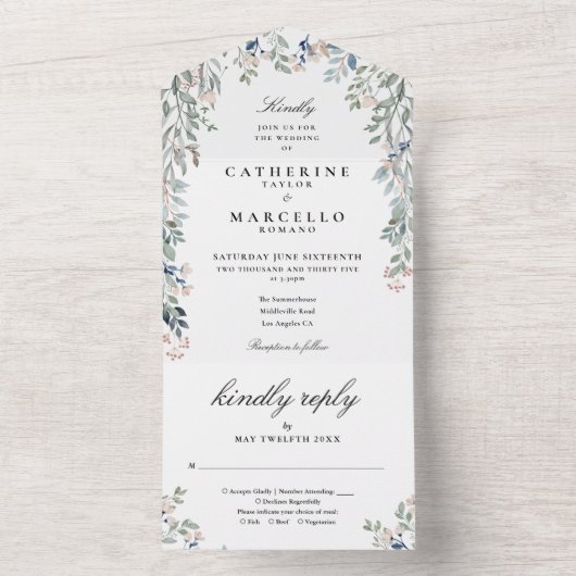 Elegante Floral Greenery Cascade bruiloft All In One Uitnodiging (Binnen)