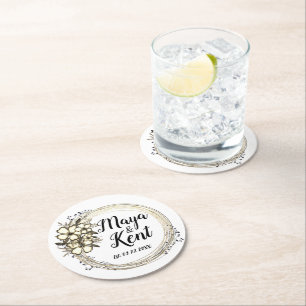 Elegante Floral krans bruiloft gepersonaliseerd Ronde Kartonnen Onderzetter