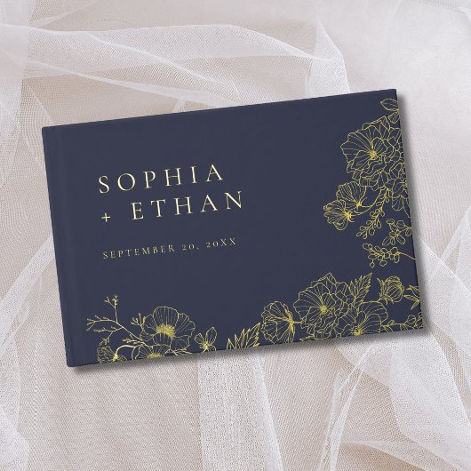 Elégante Floral Line Art Navy Blue Mariage Foil