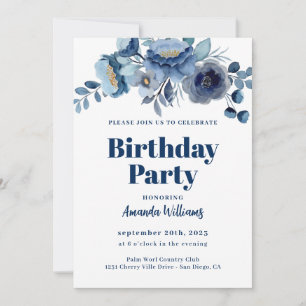 Elégante Floral Navy Blue Anniversaire Invitation