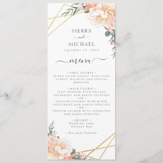 Elegante Floral Peach Cream Gold huwelijksreceptie Menu