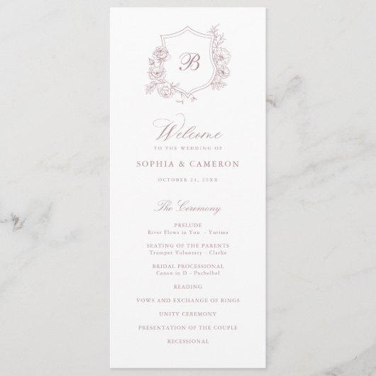 Elegante Floral Rozen Crest Monogram Bruiloft Programma (Voorkant)