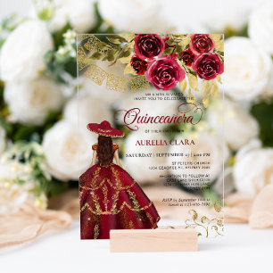 Elegante Floral Ruby Red Charra Quinceañera Acryl Uitnodigingen