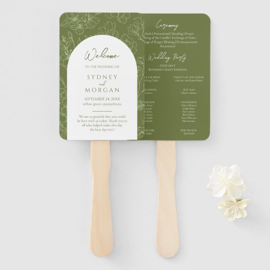 Elegante Floral Sage Green Wedding Program Fan Handwaaier (Voorkant en achterkant)