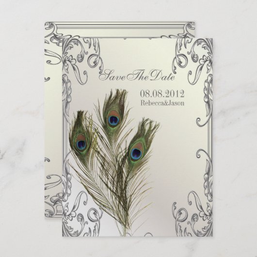 elegante florale pauw Sparen de datum Aankondigingskaart (Voorkant / Achterkant)