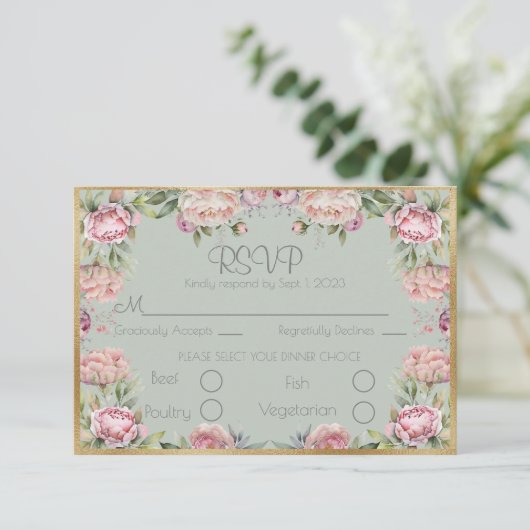 Elégante florale pivoines Gold Script Wedding RSVP (Debout devant)