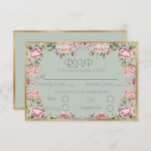 Elégante florale pivoines Gold Script Wedding RSVP (Devant / Derrière)