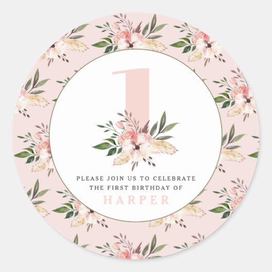 Elegante florale roze verjaardags stickers (Voorkant)