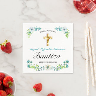 Elegante Flores y Cruz Para Niño Bautizo Servet
