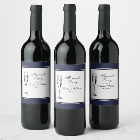 Elegante formele donkerblauwe witte afscheidsfeest wijn etiket (Flessen)
