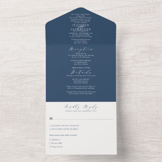 Elegante formele eenvoudige Navy Bold Wedding All In One Uitnodiging (Binnen)