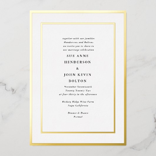 Elegante formele geperste gouden ingelijste foto b folie uitnodiging (Voorkant)