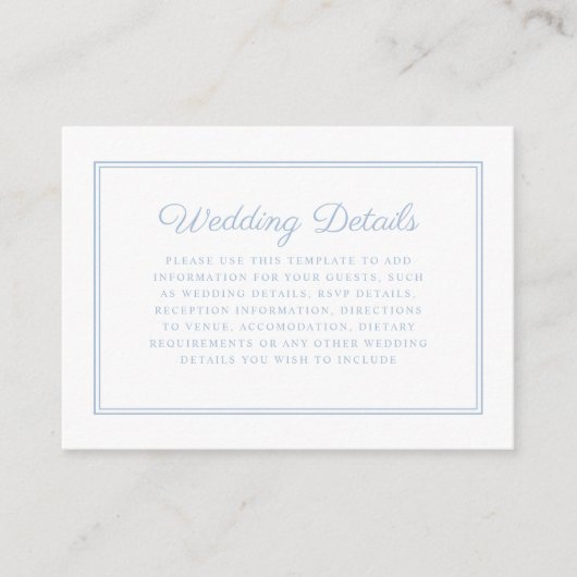 Elegante formele poeder blauw script bruiloft deta informatiekaartje (Voorkant)