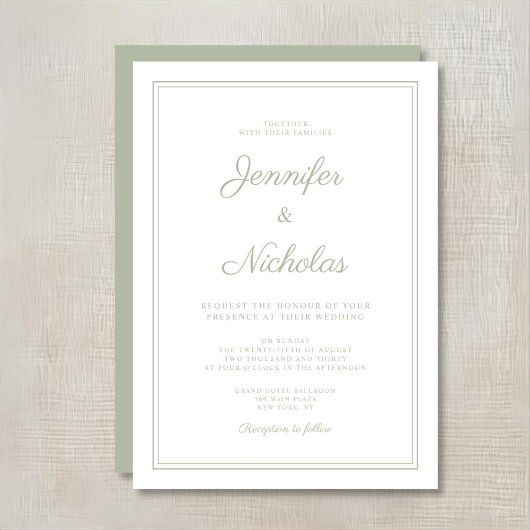 Elegante formele Sage Green Script bruiloft Kaart