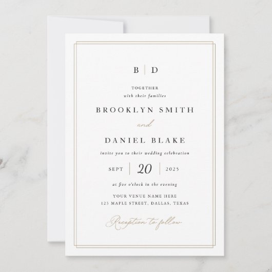 Elegante formele zwart en goud monogram bruiloft kaart (Voorkant)