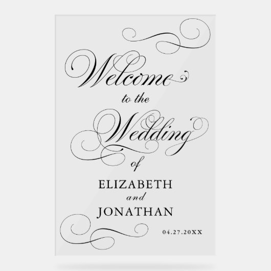 Elegante formele zwarte script bruiloft welkom acryl bord (Voorkant)