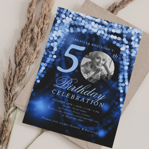 Elegante foto 50e verjaardag Navy Blue Glam Lights Kaart