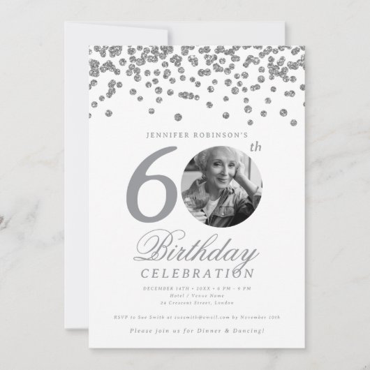 Elegante foto 60e verjaardag Zilveren Confetti Kaart (Voorkant)