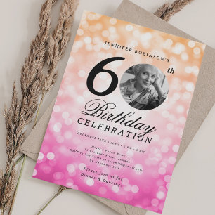 Elegante foto 60e verjaardagsfeest roze oranjeBoke Kaart