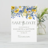 Elegante foto Blauwe Gele Wildbloemen Boho Bruilof Save The Date (Staand voorkant)