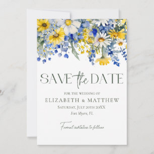 Elegante foto Blauwe Gele Wildbloemen Boho Bruilof Save The Date