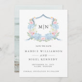 Elegante Foto Blauwe Monogram Save the Date (Voorkant / Achterkant)