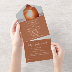 Elegante Foto Bruiloft RSVP Terracotta All In One Uitnodiging