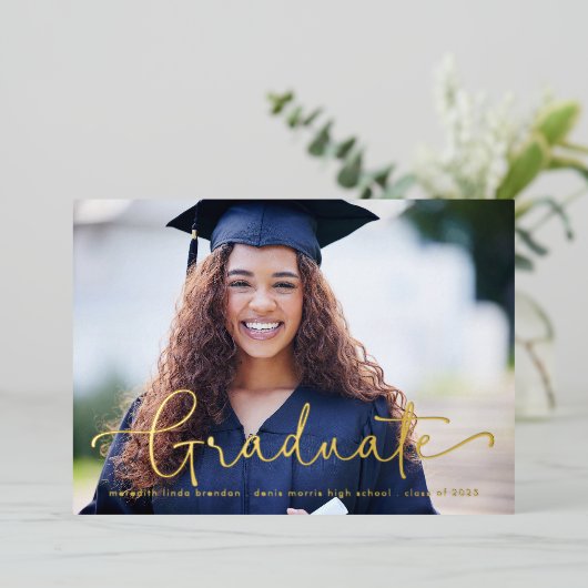 Elegante foto goud folie afstudeeruitnodiging folie uitnodiging (Staand Voorkant)