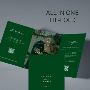 Elegante foto groene bruiloft RSVP details QR-code Drieluik Uitnodiging