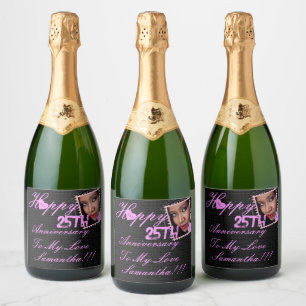 Elegante foto Happy 25th Jubileum Roze Zwart Sparkling Wijnetiket
