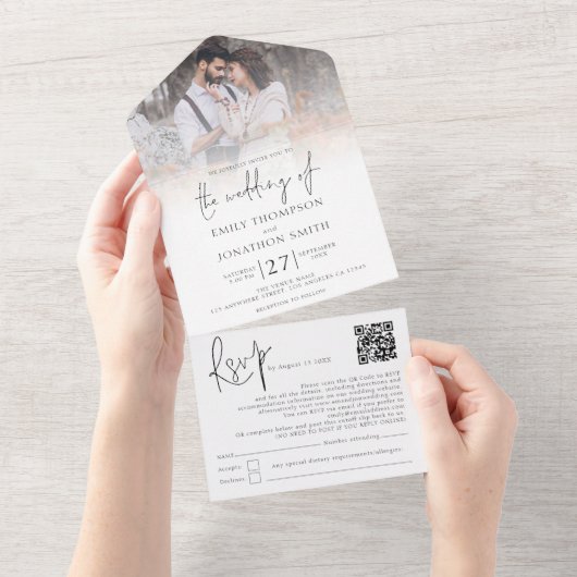 Elegante foto-overlay QR-code script bruiloft All In One Uitnodiging (Afscheurbaar)