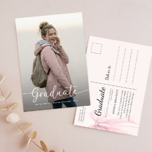 Elegante foto roze lint afstudeeraankondiging briefkaart