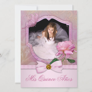 Elegante foto roze vlinder roos Quinceanera Kaart