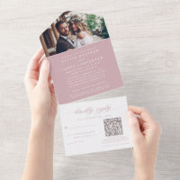 Elegante Foto RSVP QR Code Dusty Roos Bruiloft