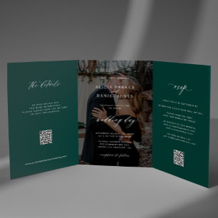 Elegante foto smaragdgroene trouw-RSVP-detail QR Drieluik Uitnodiging
