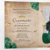 Elegante foto Spaans Groen Roos Goud Quinceanera Drieluik Uitnodiging (Binnenzijde eerst)