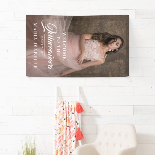 Elegante foto Welkom Quinceanera Party Sign Spandoek (Insitu)
