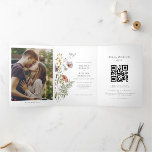 Elegante foto Wildflower Boho bruiloft Drieluik Uitnodiging