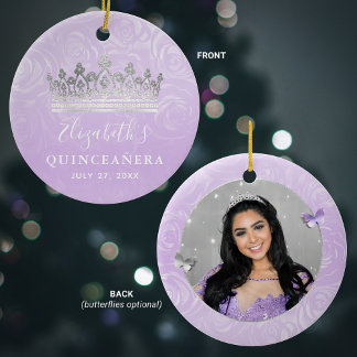 Elegante foto Zilver en licht Paarse Quinceanera Keramisch Ornament