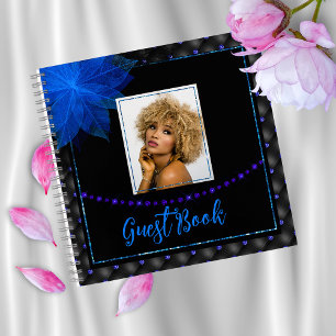 Elegante foto Zwart en Blauw Verjaardag Gastenboek Notitieboek