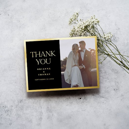 Elegante foto Zwart Goud Bruiloft Dank u Kaart