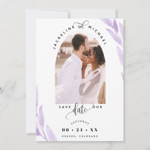 Elegante fotoboog en Paarse bladeren bruiloft Save The Date