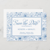 Elegante Franse Blauwe Bloemen Toile bruiloft Save The Date (Voorkant / Achterkant)